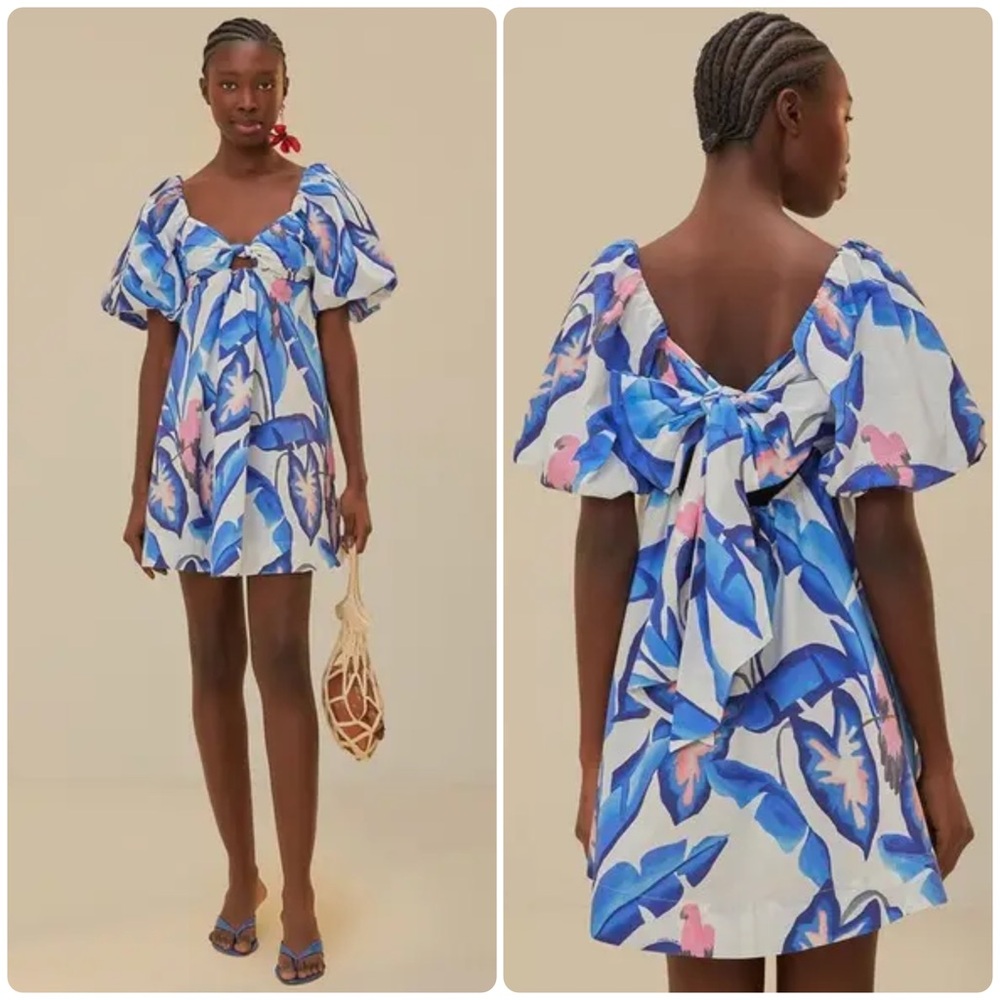FARM Rio Blue Foliage Puffed Sleeve Mini Dress Floral Size Small